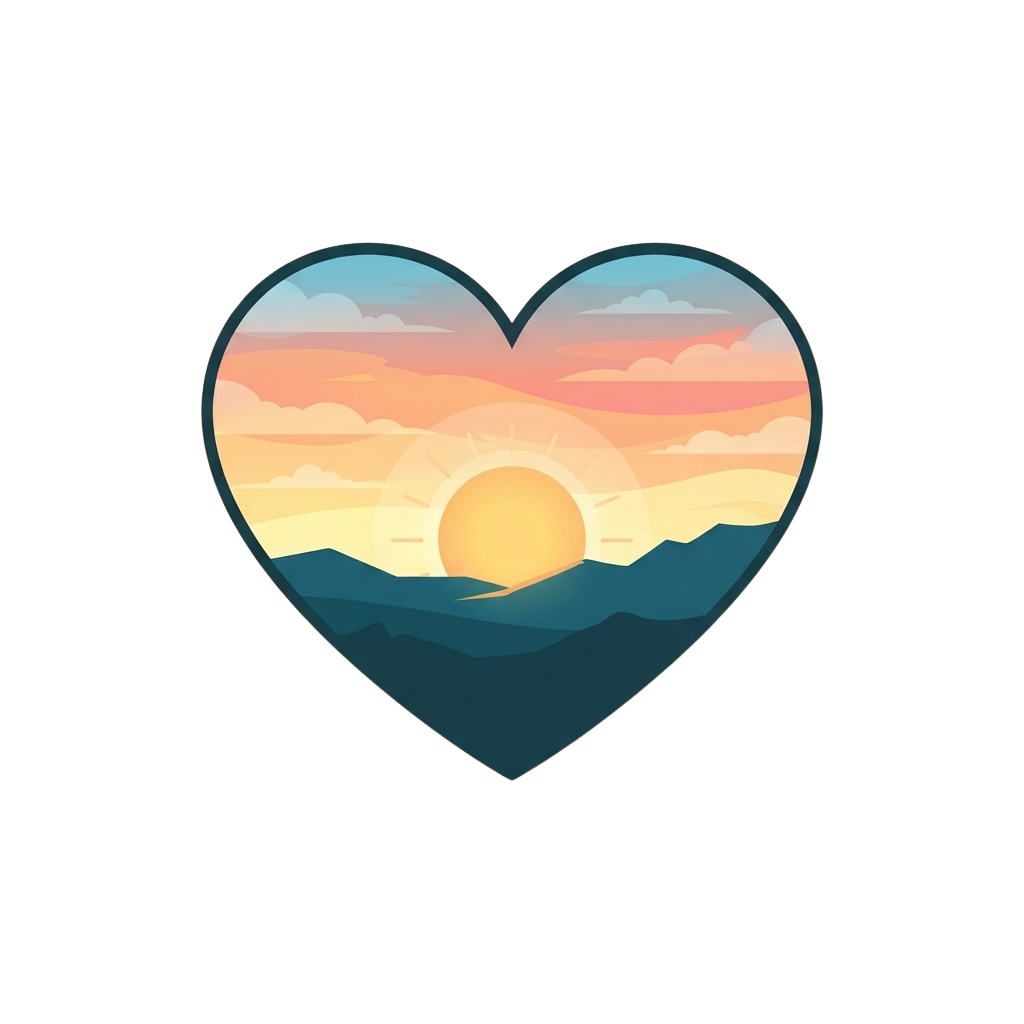 A heart shape filled with a serene sunset over ocean waves and clouds