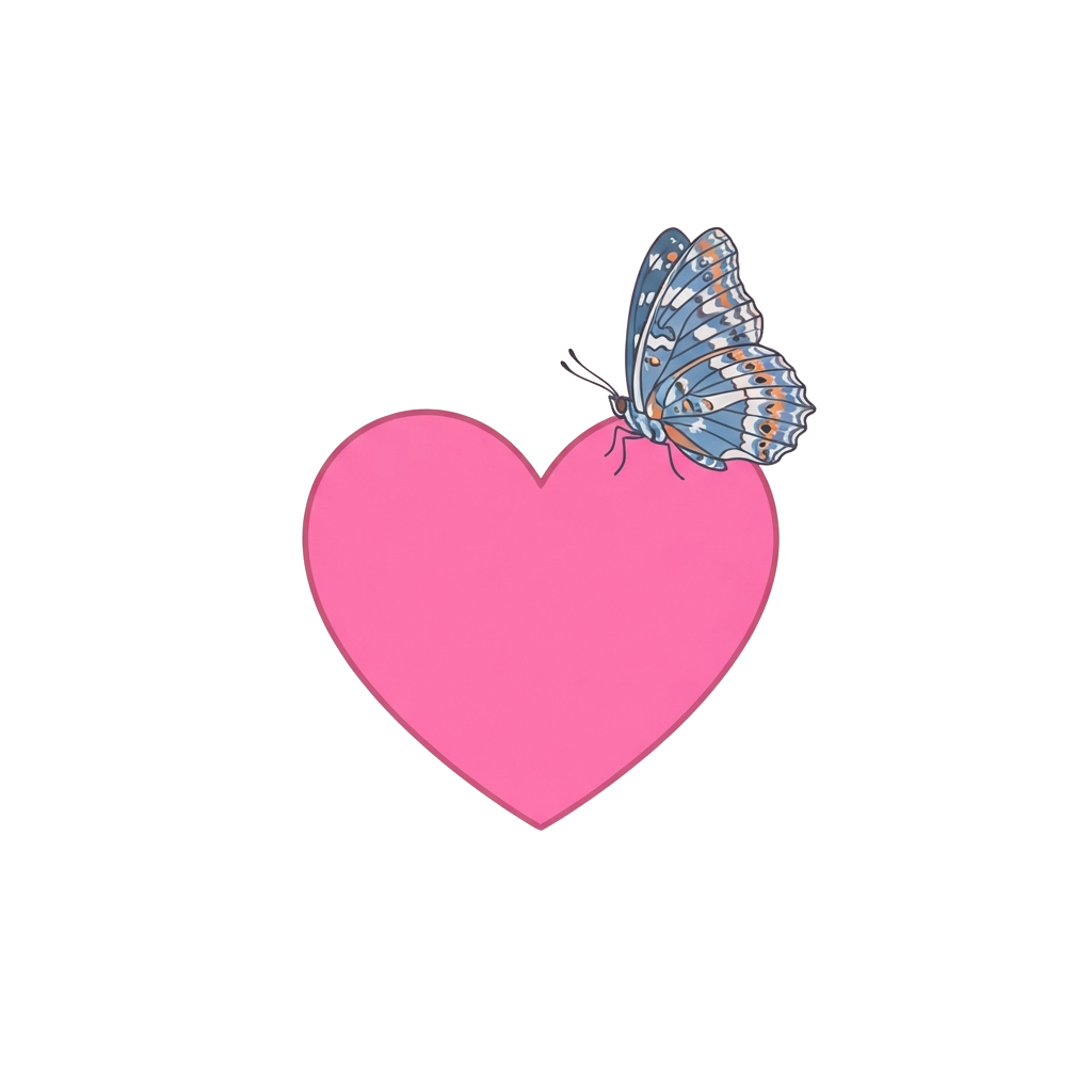A pink heart with a colorful butterfly perched on its top right side against a black background