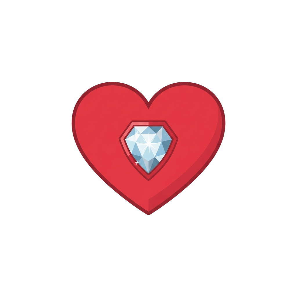 A red heart shape containing a clear gemstone or diamond cutout in the center