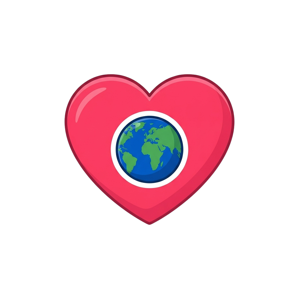 A red heart shape containing a blue and green globe graphic