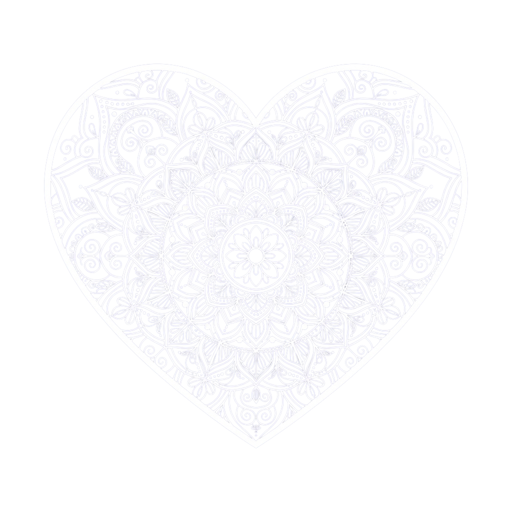 A detailed white intricate pattern inside a heart shape on a black background