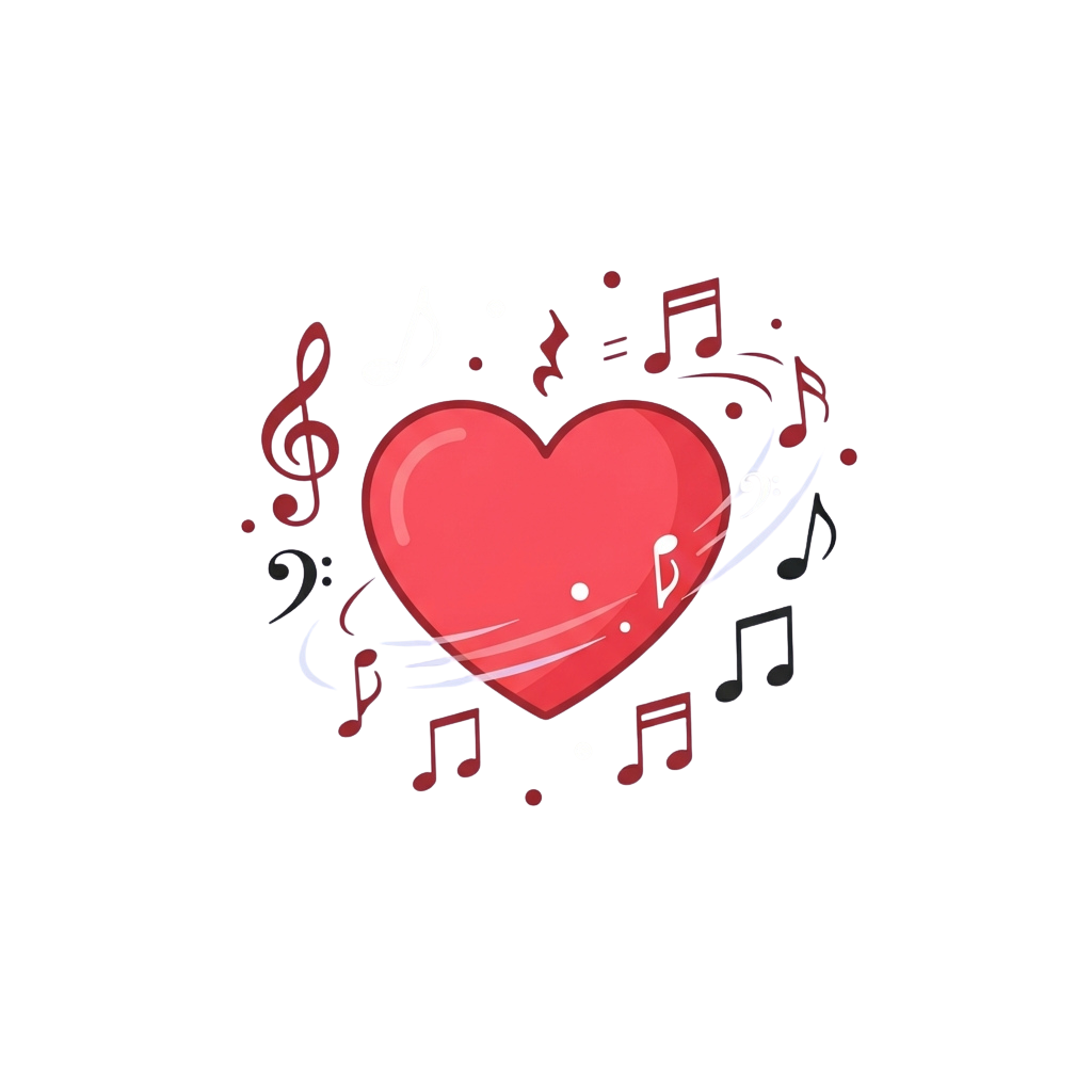 A red heart surrounded by musical notes and treble clef symbols on a black background