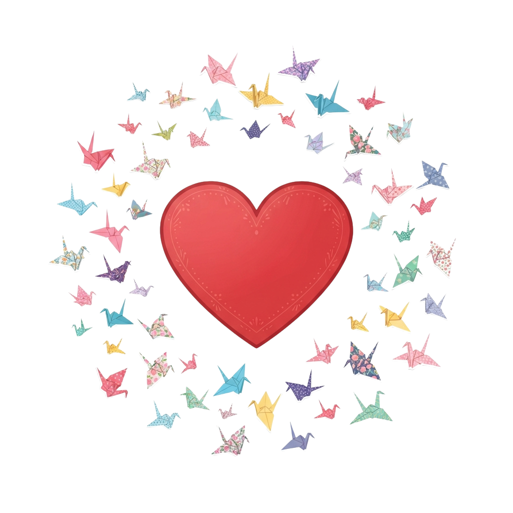 A red heart surrounded by a circular arrangement of colorful origami paper cranes
