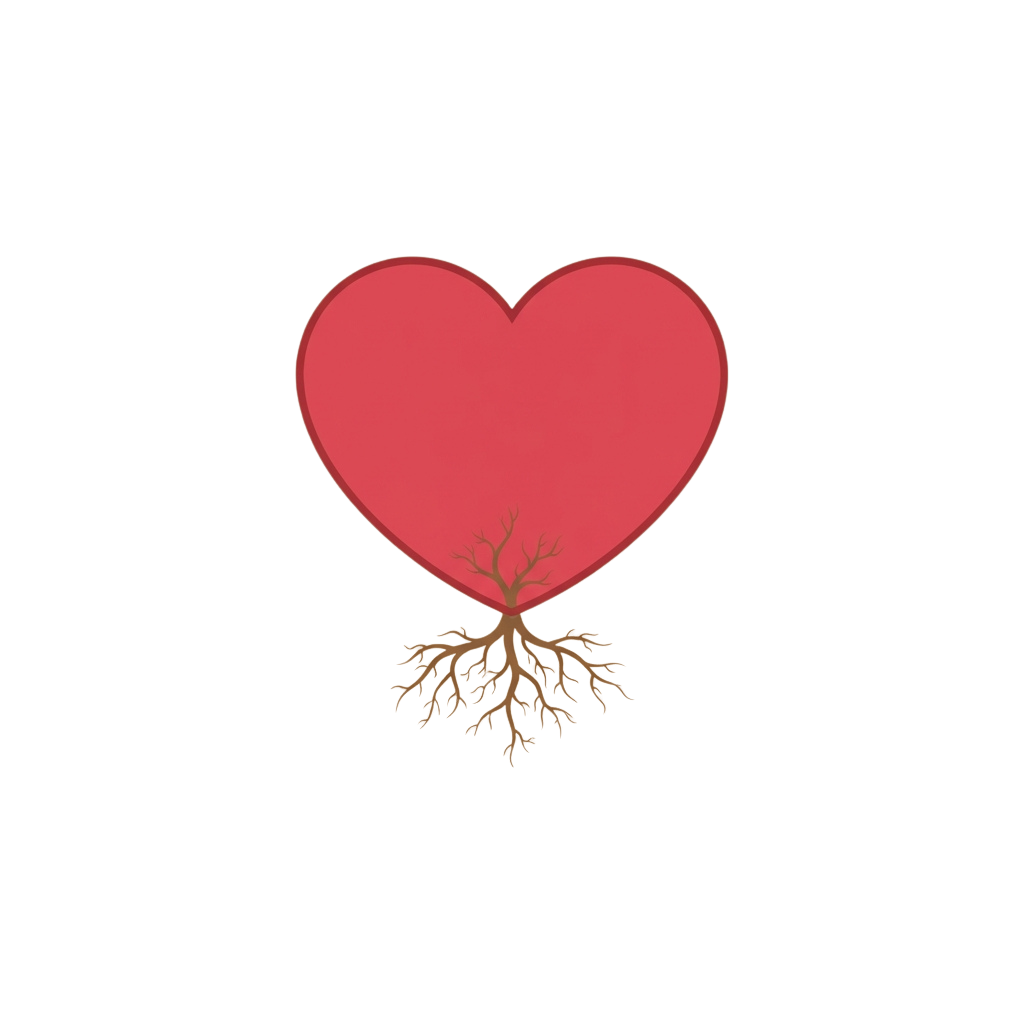A red heart with brown roots growing from its bottom against a black background