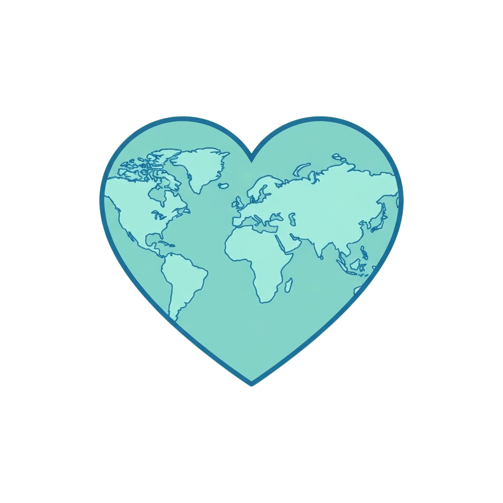 A heart shape containing a world map with continents outlined in light blue on a dark background