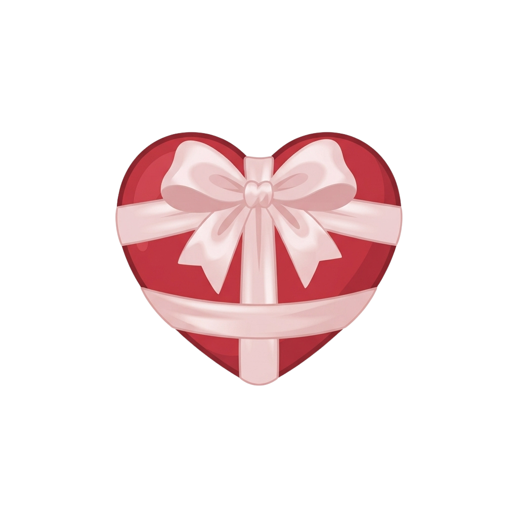 Heart-shaped gift box wrapped with a large white decorative bow