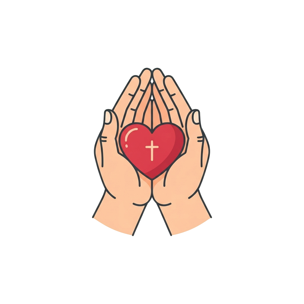 Two hands clasped in prayer holding a red heart with a small cross symbol inside