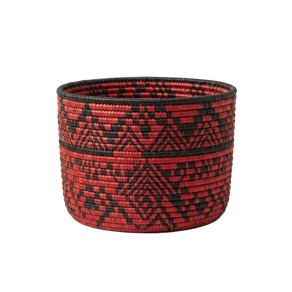 A cylindrical basket with intricate red and black geometric patterns woven into its surface