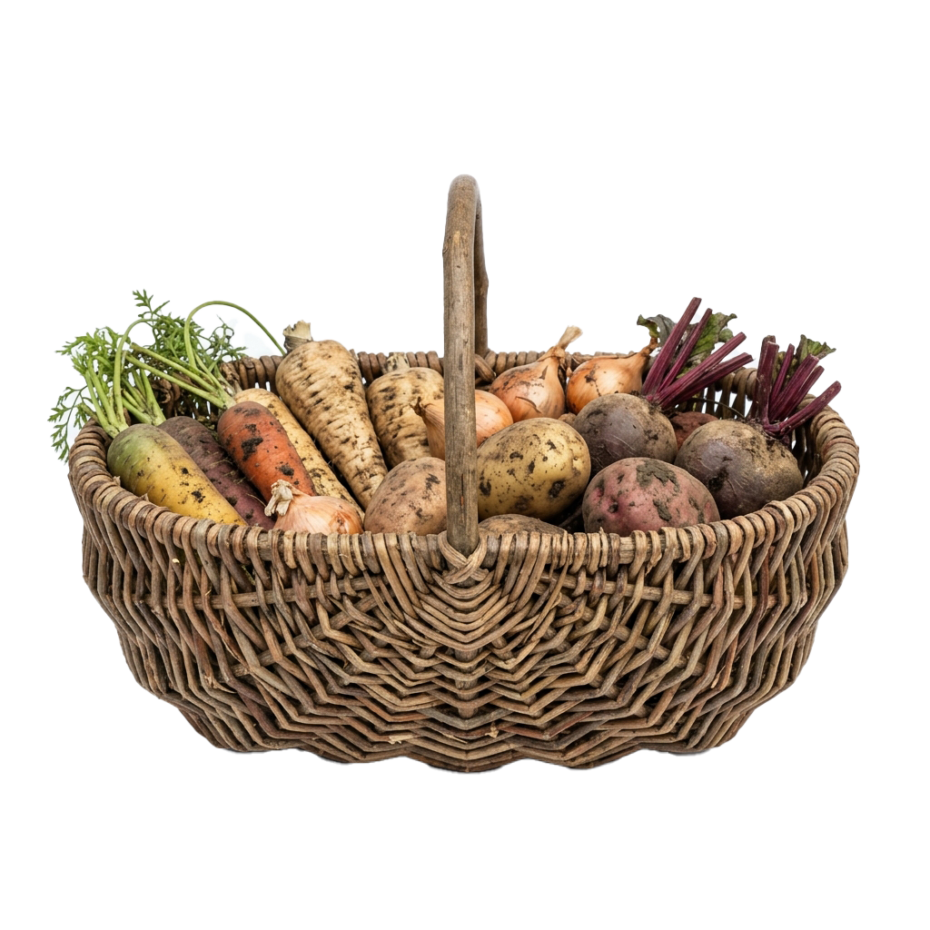 A wicker basket filled with various fresh root vegetables and greens