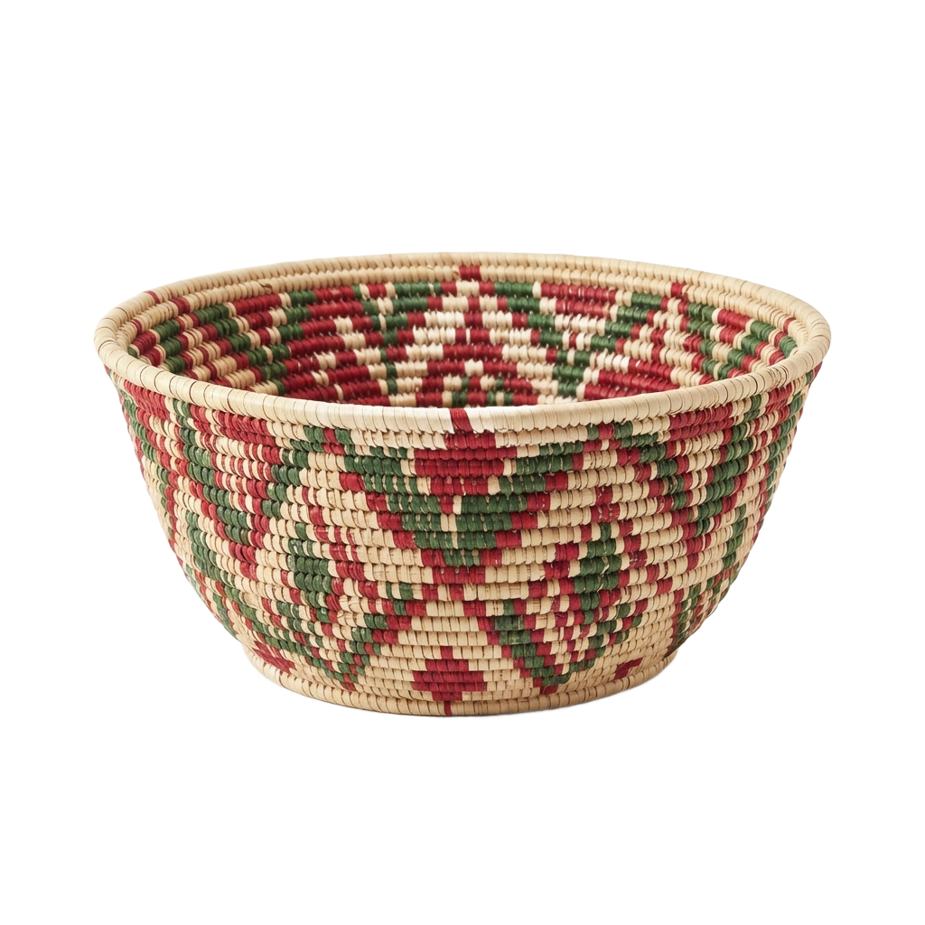 A round woven basket featuring a checkered pattern in cream, red, and green colors