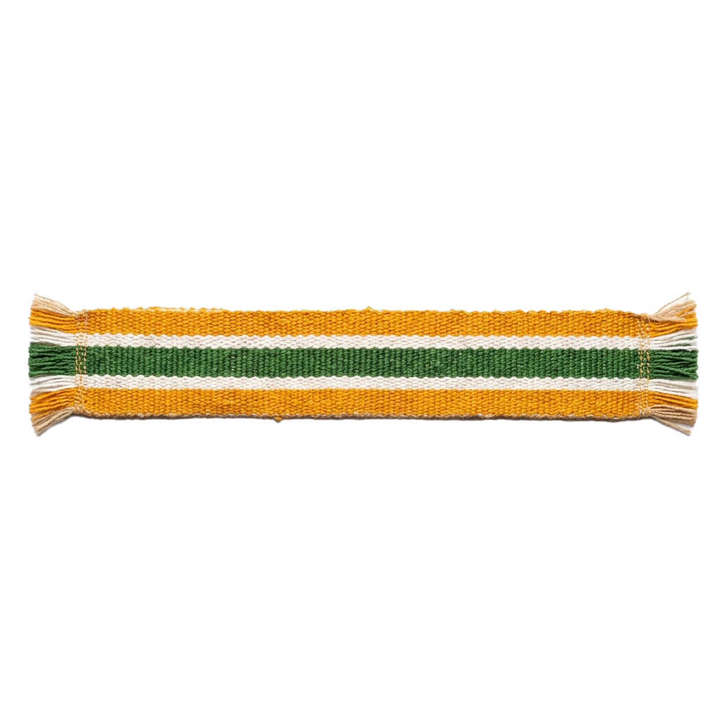 Braided wristband or hair tie with three stripes in orange, green, and white