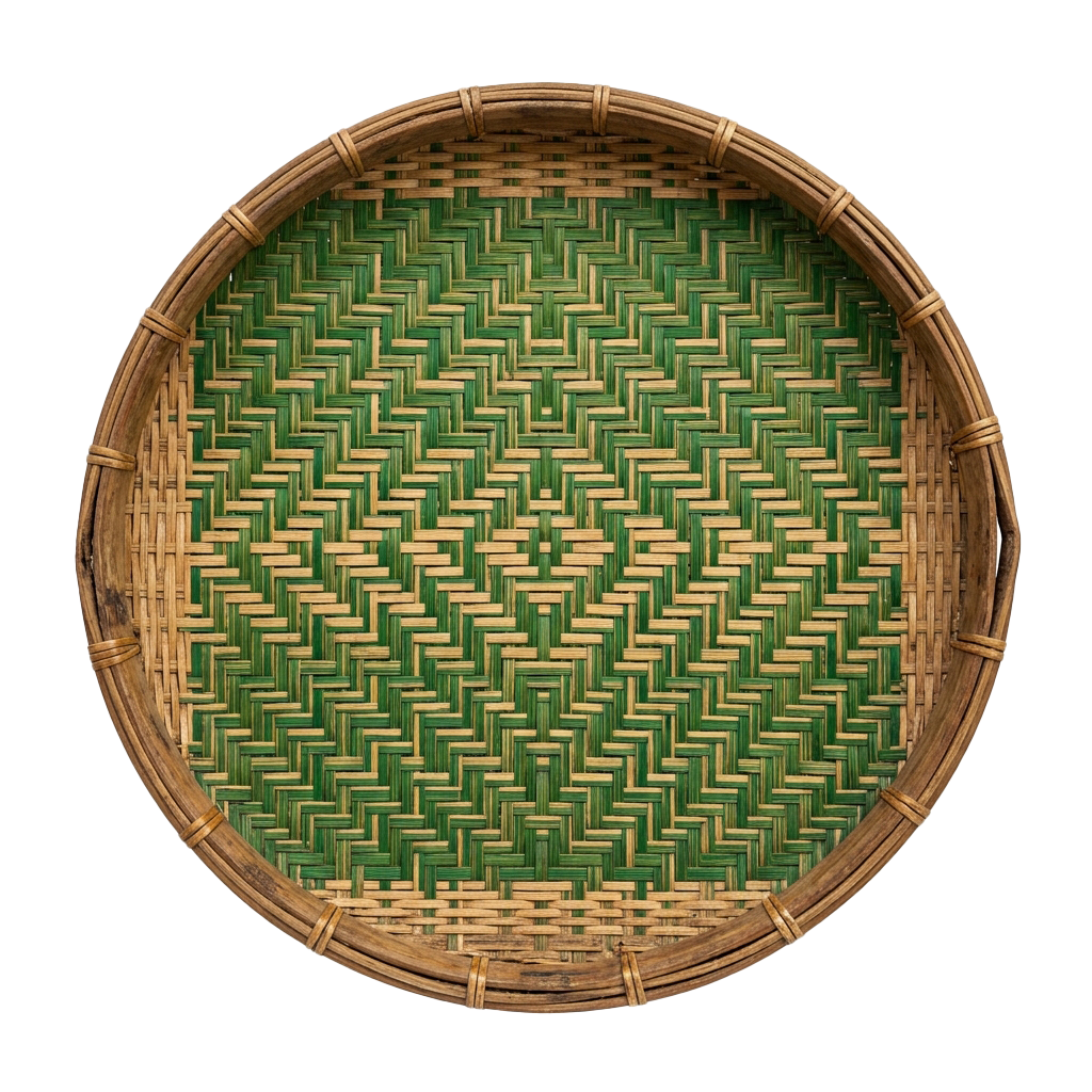 Round woven basket made of bamboo with a detailed green and beige geometric pattern