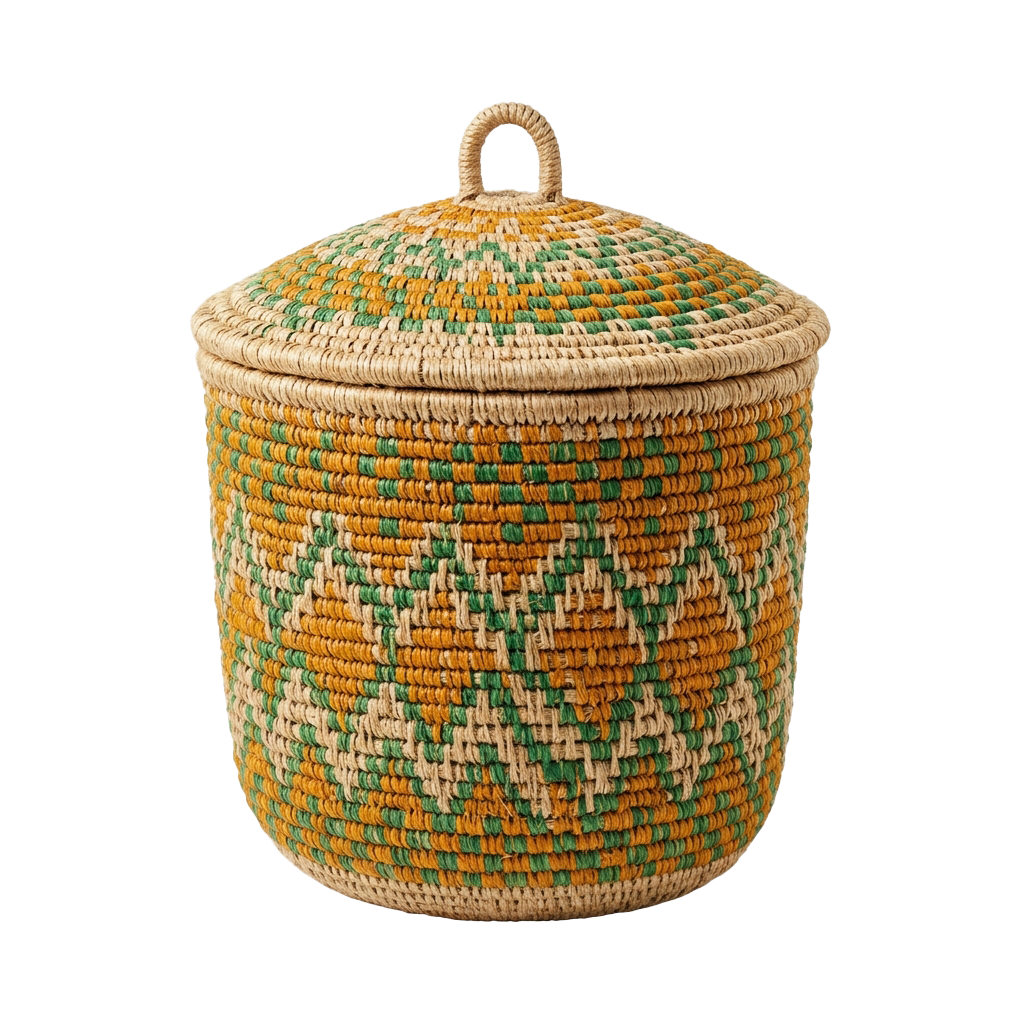 A woven basket jar with a geometric pattern in yellow, green, and beige colors, featuring a lid and handle.