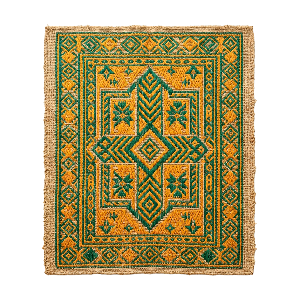 Colorful embroidered fabric featuring intricate geometric and floral designs in green and yellow on a beige background