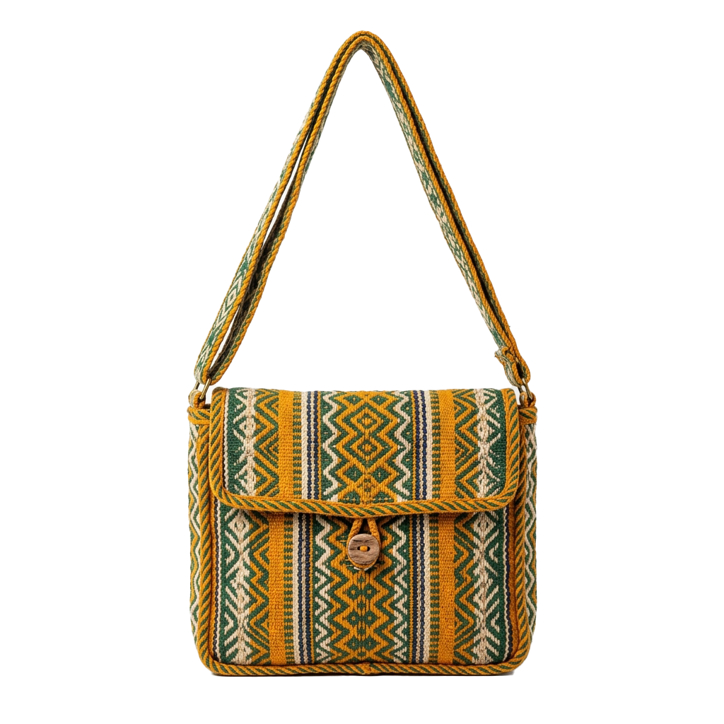 Handwoven crossbody bag featuring vibrant geometric patterns in yellow, green, and white with a button closure