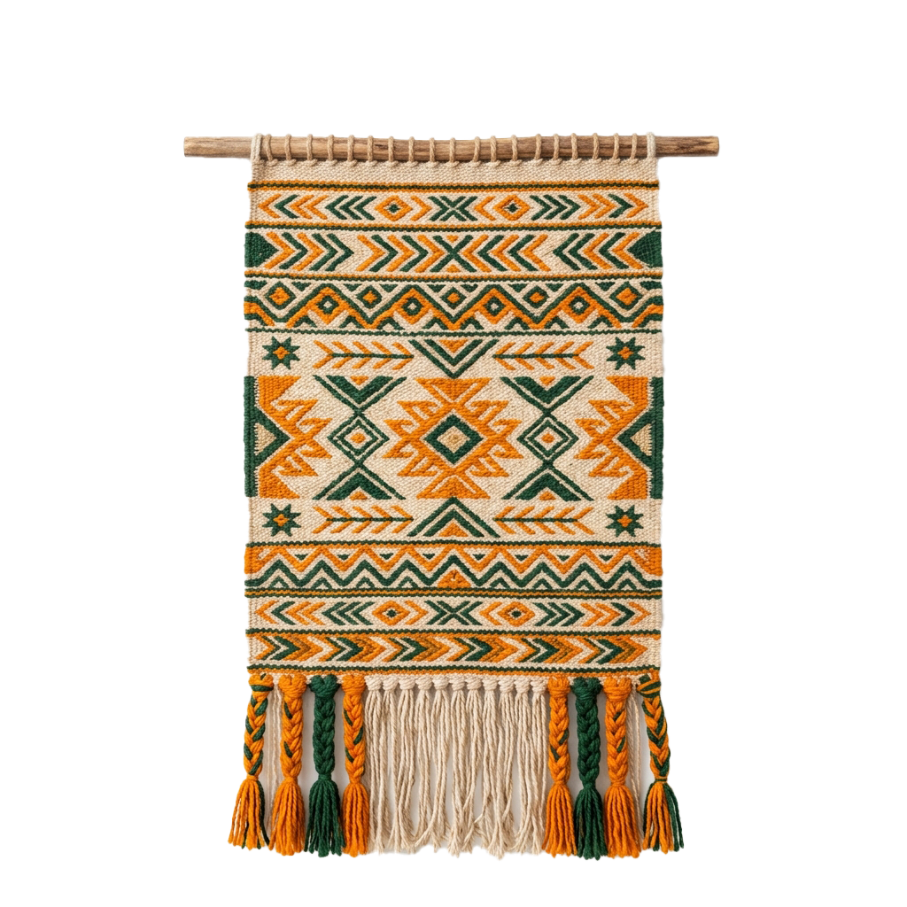 Colorful handwoven textile wall hanging featuring geometric diamond and zigzag patterns in orange, green, and white with fringe at the bottom