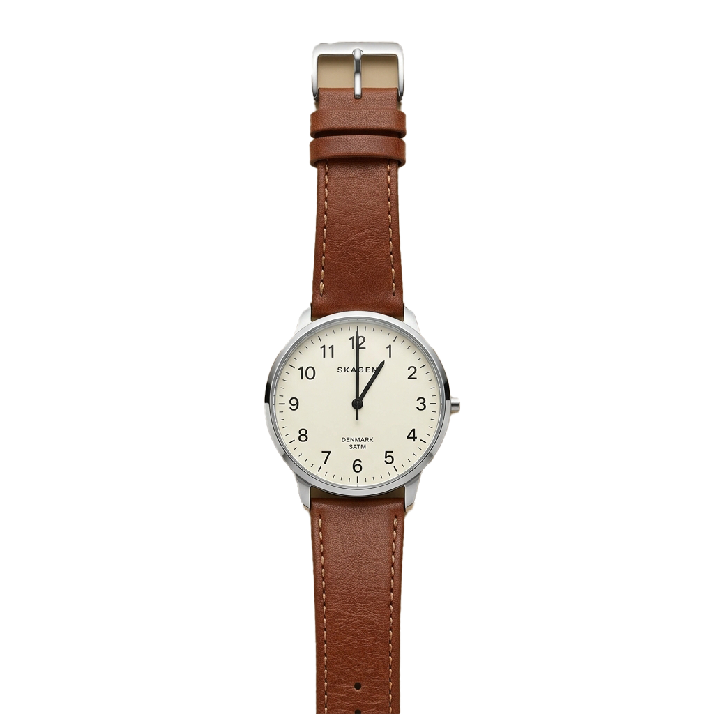 Minimalist wristwatch with a brown leather strap and silver case, featuring a white dial with black numbers and hands.