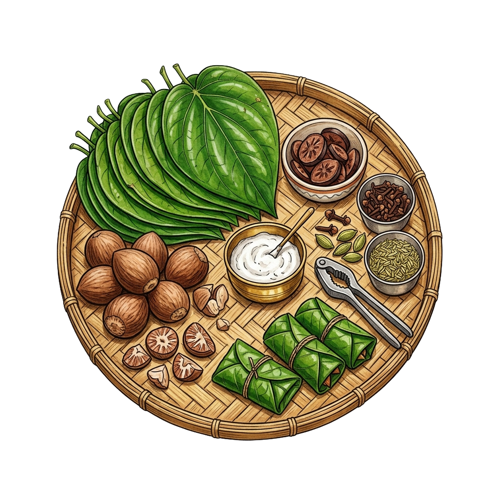 Basket with betel leaves, nuts, spices, wrapped parcels, and condiments for cooking
