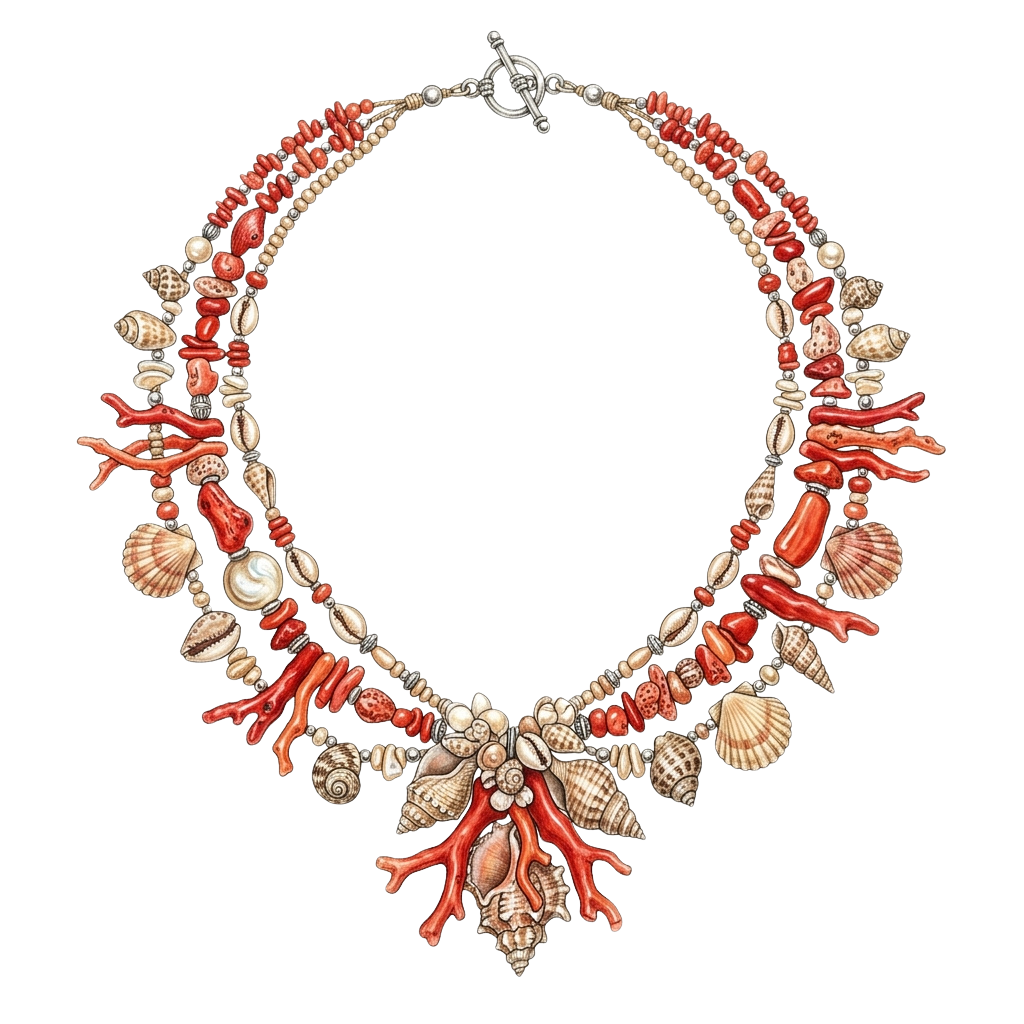 A colorful necklace featuring coral, shells, and beads arranged in a layered, bohemian style.