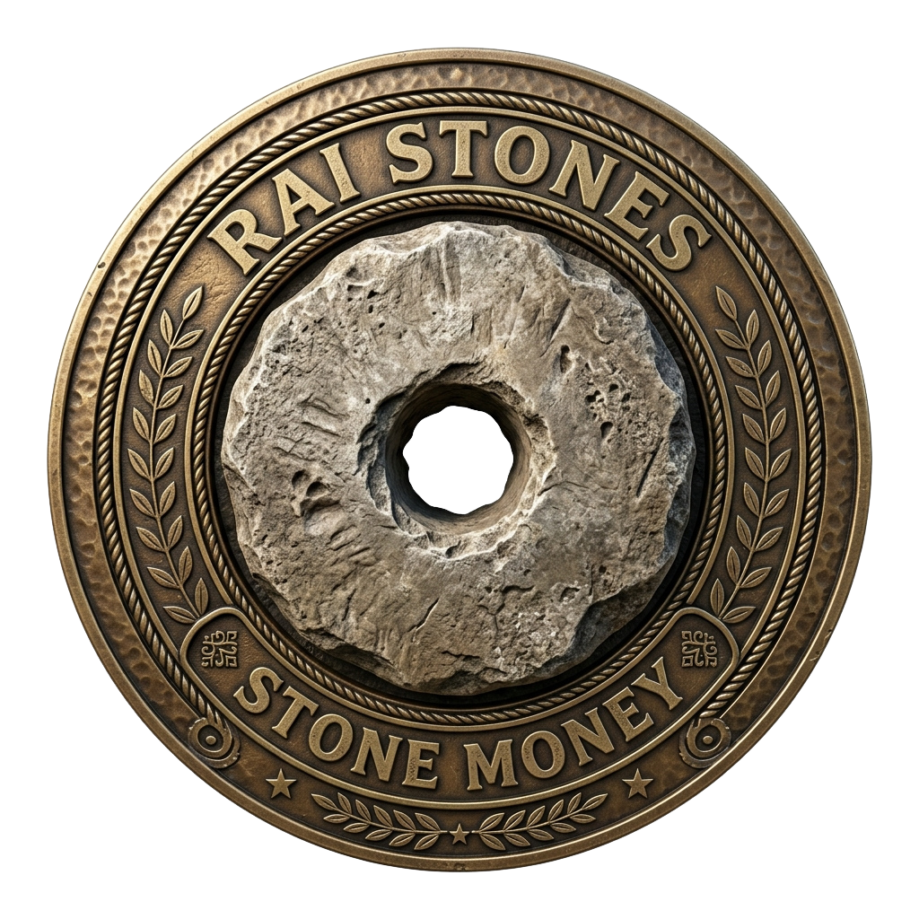 Decorative coin featuring a stone with a hole in the center labeled Stone Money and Rai Stones.