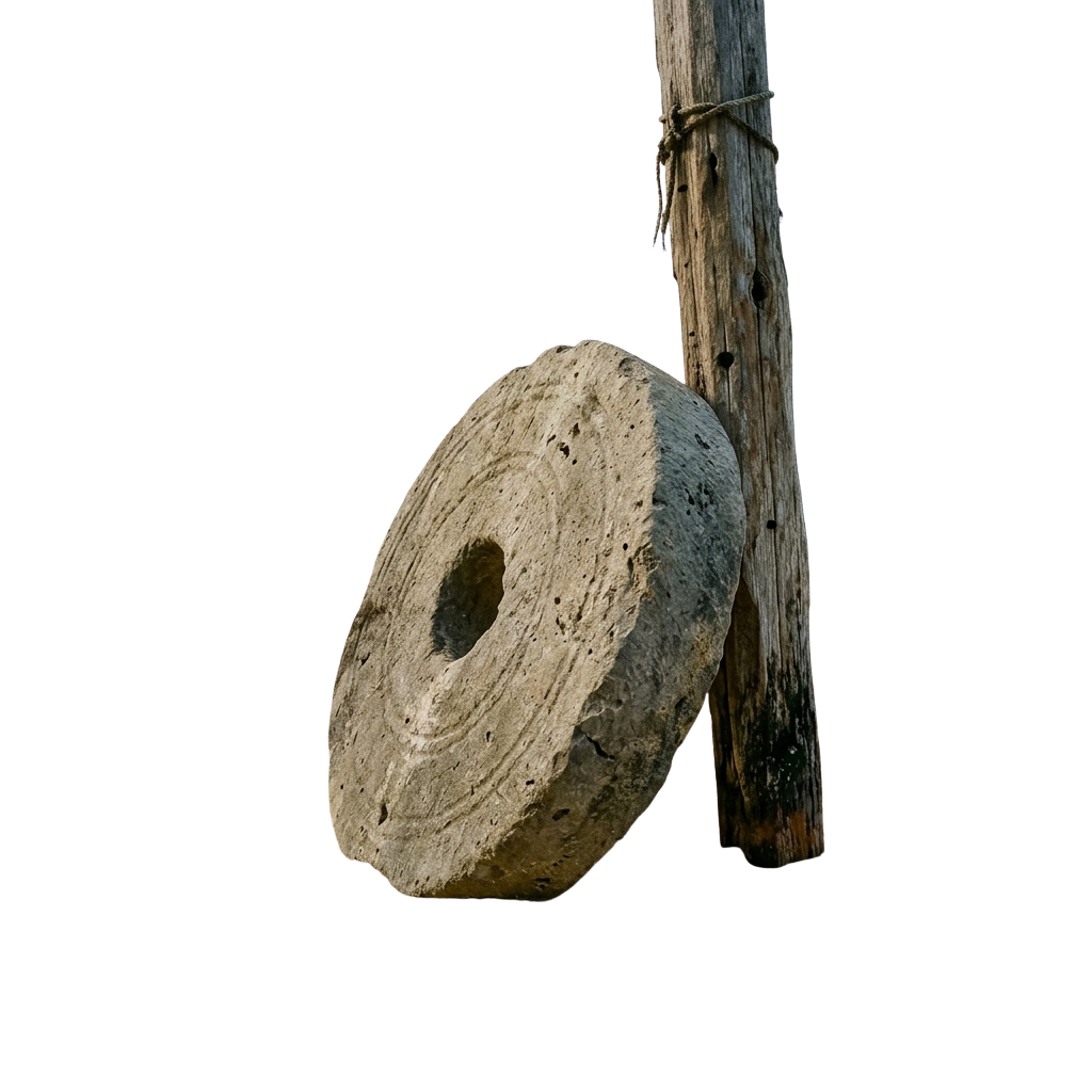 A large wooden wheel with a hole in the center hanging from a wooden pole against a dark background