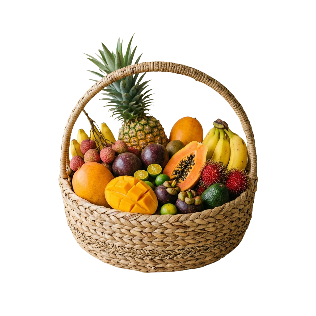 A woven basket filled with various tropical fruits including pineapple, papaya, mango, bananas, passion fruit, lychee, and more