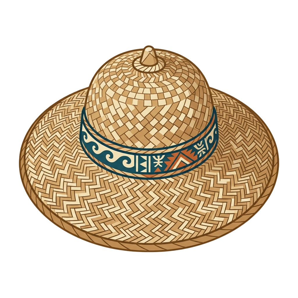 A woven straw hat with a patterned band featuring blue, red, and white designs.