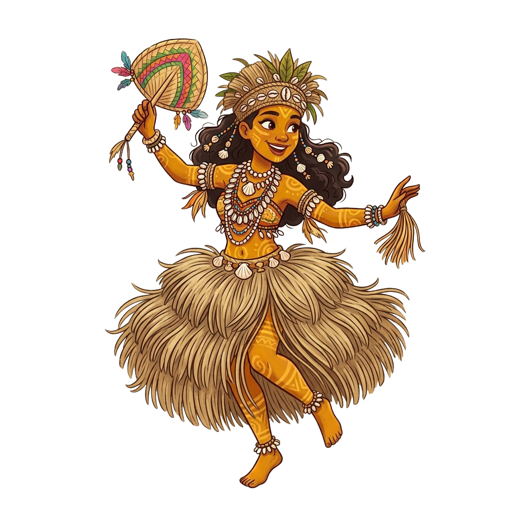 A person dressed in traditional hula attire dancing with a colorful fan and feathered accessories