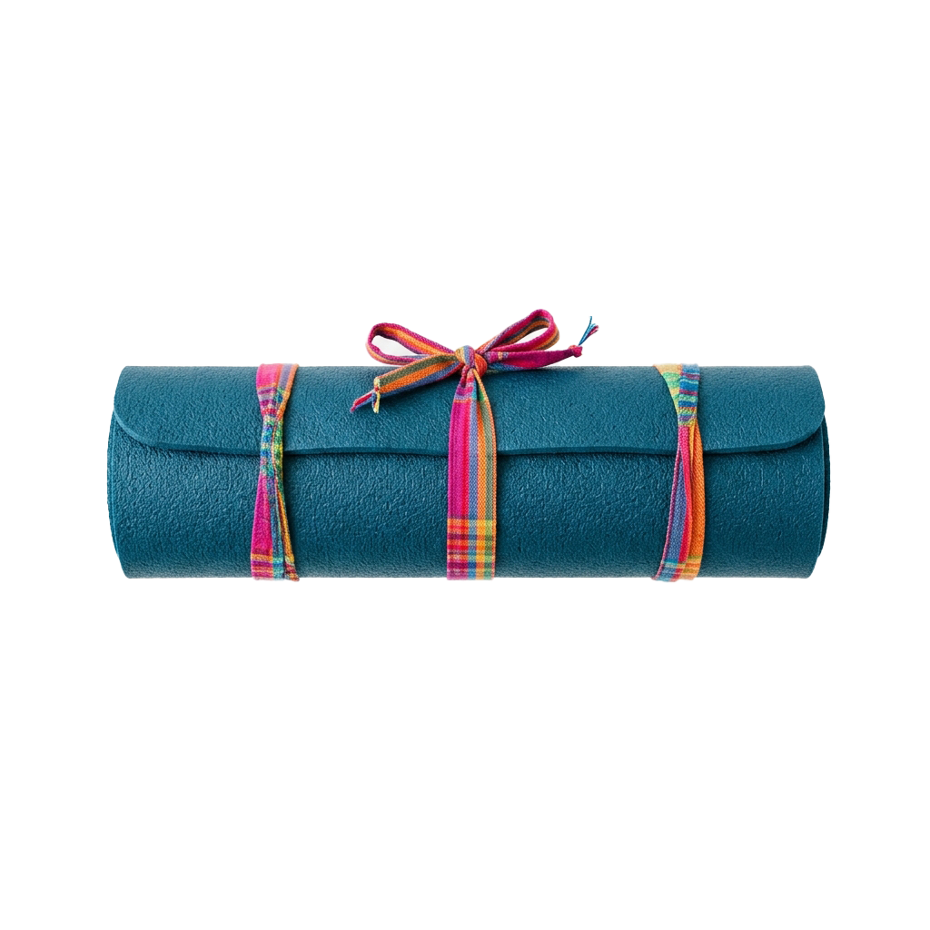 A teal fabric roll tied with a colorful striped ribbon against a black background