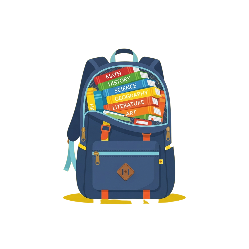 Illustration of a blue backpack filled with books labeled math, history, science, geography, literature, and art
