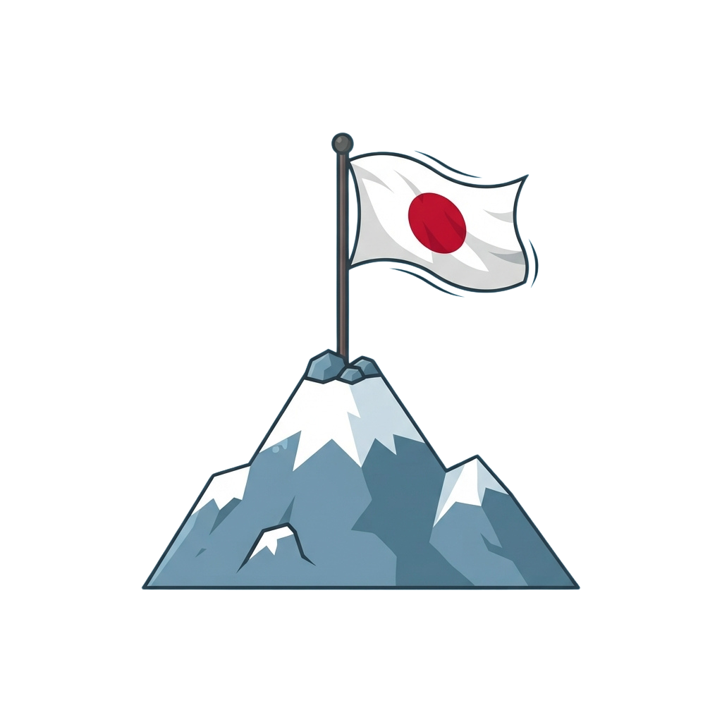 Illustration of a Japanese flag waving atop a snow-covered mountain peak