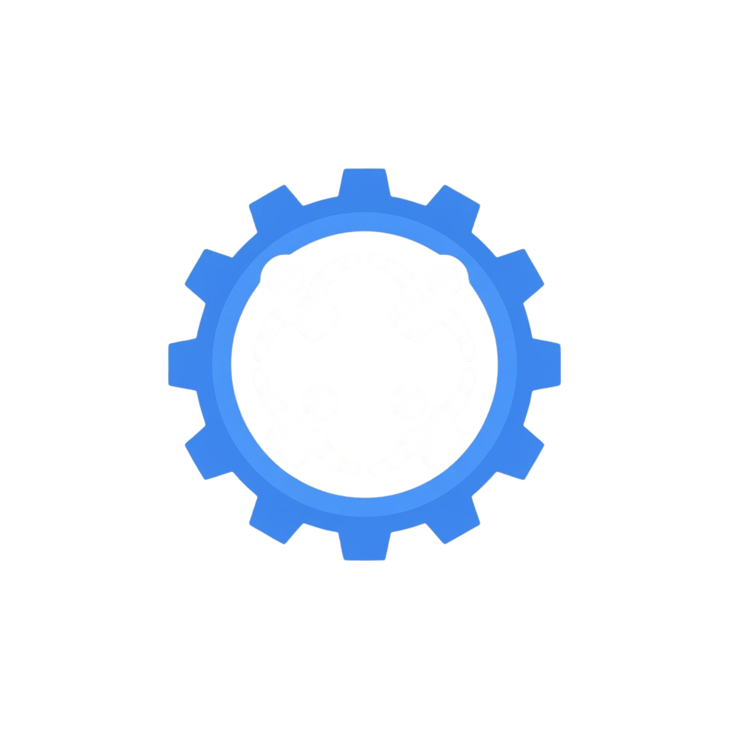 A blue gear with white interconnected human figures symbolizing teamwork and collaboration