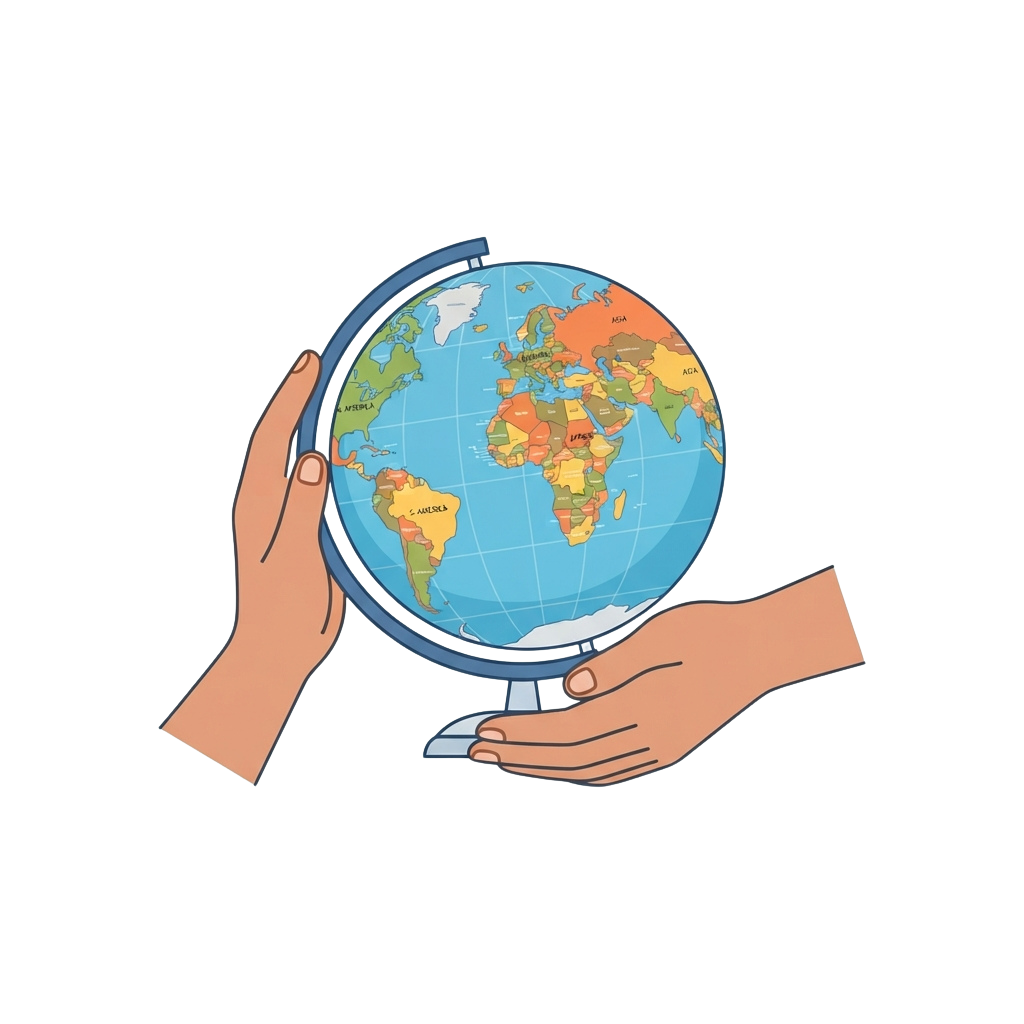 Two hands gently holding a colorful globe with continents clearly visible