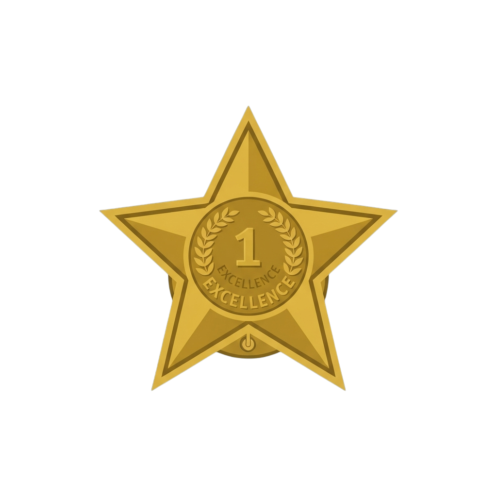 A gold star-shaped badge featuring a circular emblem with the number 1 and the word excellence surrounded by a laurel wreath