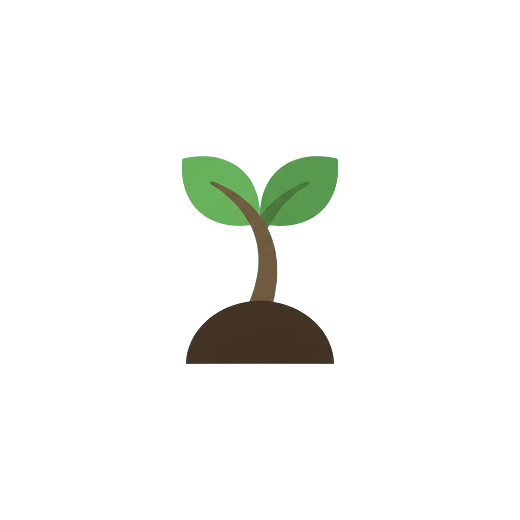 A small green seedling with two leaves growing from brown soil