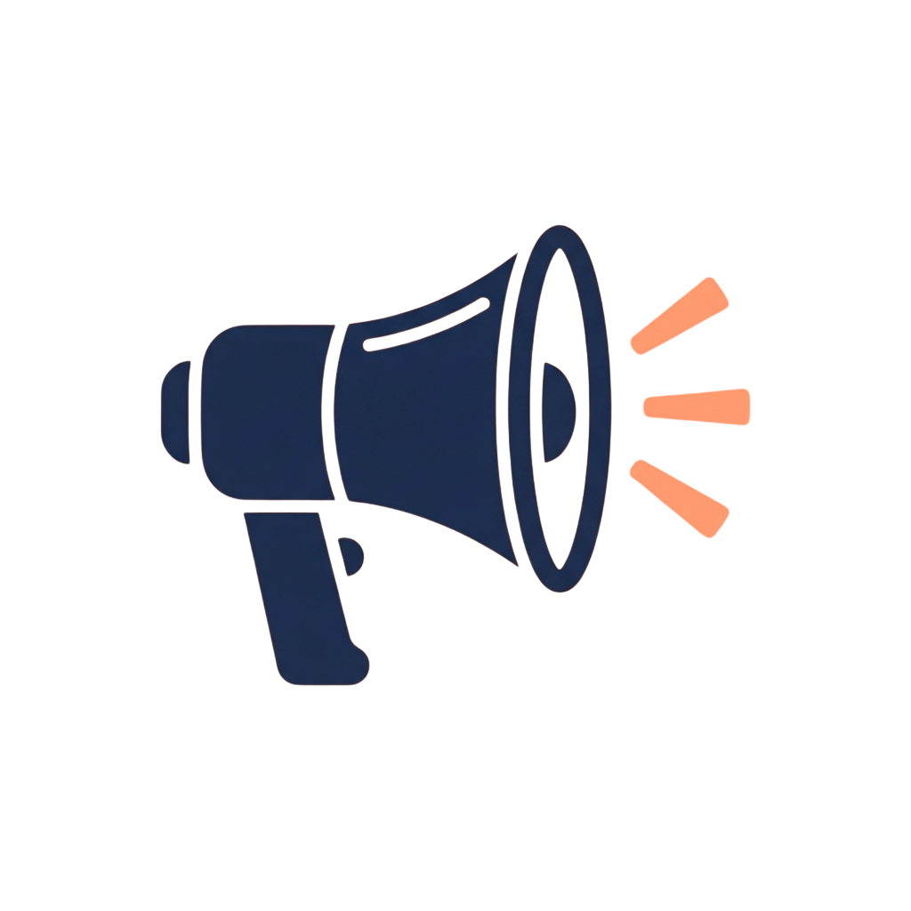 A dark blue megaphone emitting three light beams from its opening against a black background