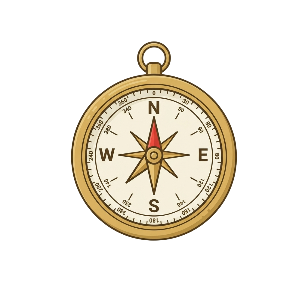 A gold-colored compass with a red needle pointing north, displayed against a black background