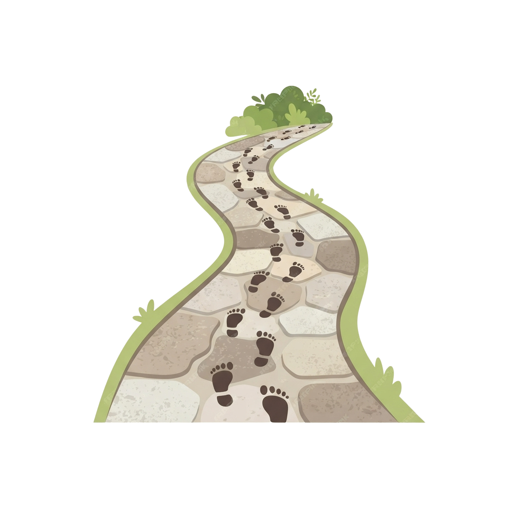 Illustration of a winding stone path with footprints leading upward towards greenery