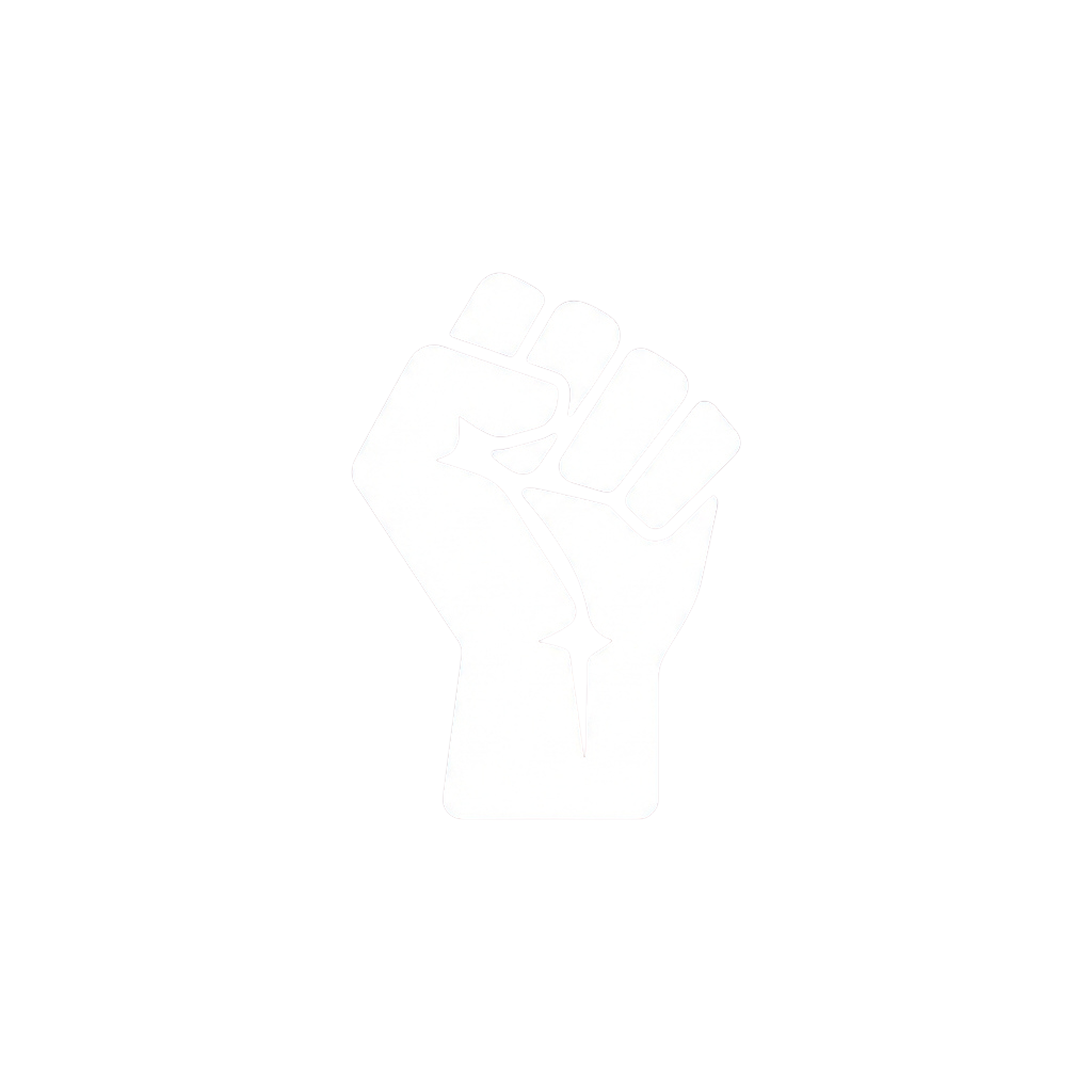 A white clenched fist on a black background symbolizing strength, solidarity, and resistance