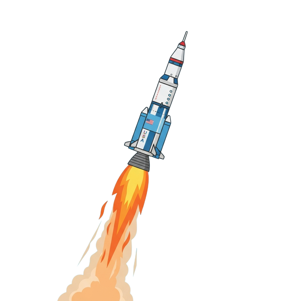 A stylized rocket ascending with bright orange flames at the base against a black background