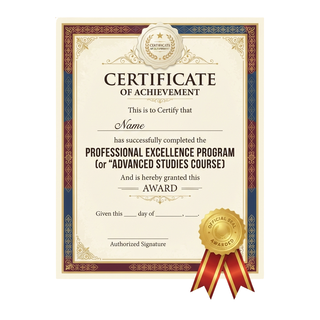 Certificate of achievement for completing a professional excellence program with a gold seal and ribbon