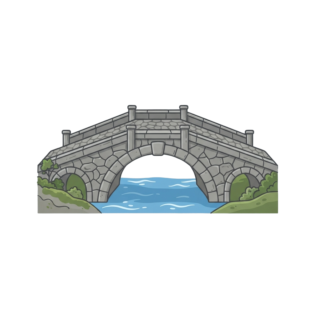 Illustration of a single stone arch bridge spanning a calm river with green grassy banks