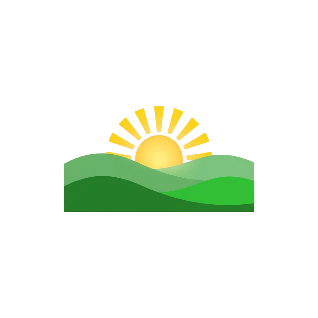 A stylized sun rising above green rolling hills at sunrise