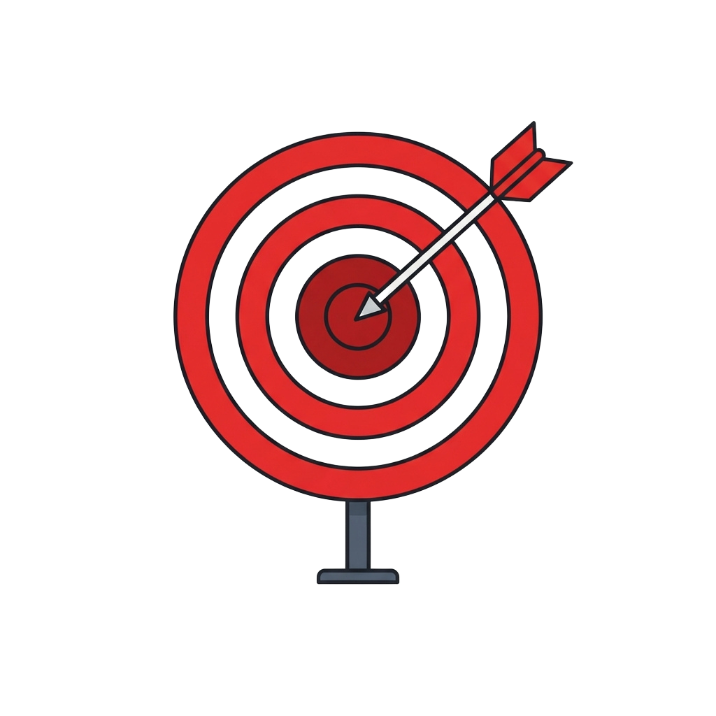Red target with concentric circles and an arrow hitting near the center on a black background