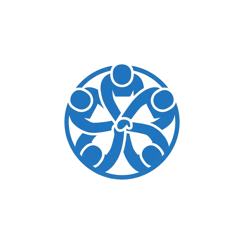 Five stylized blue figures holding hands in a circular formation