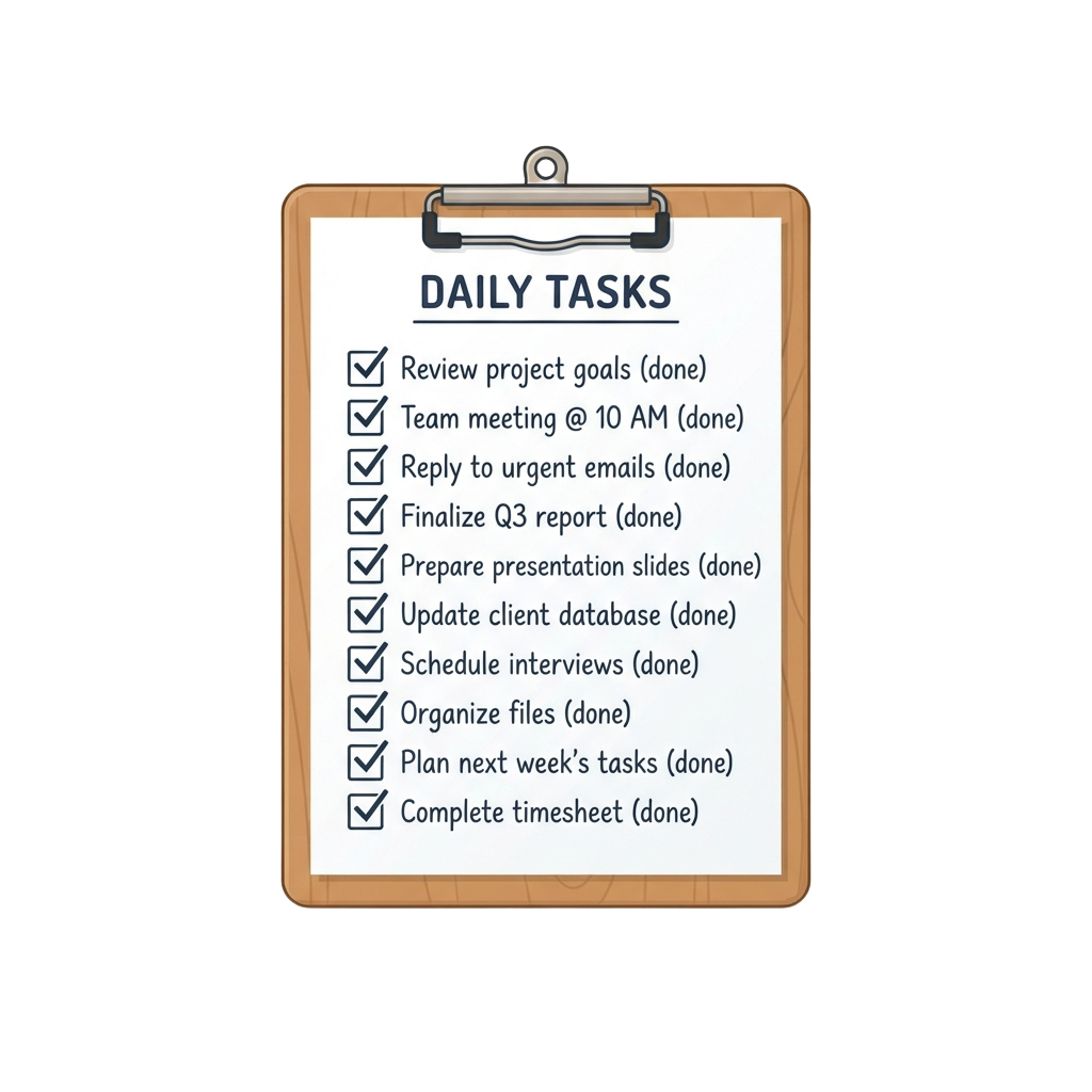 Clipboard with a checklist of completed daily tasks including meetings, emails, reports, and planning
