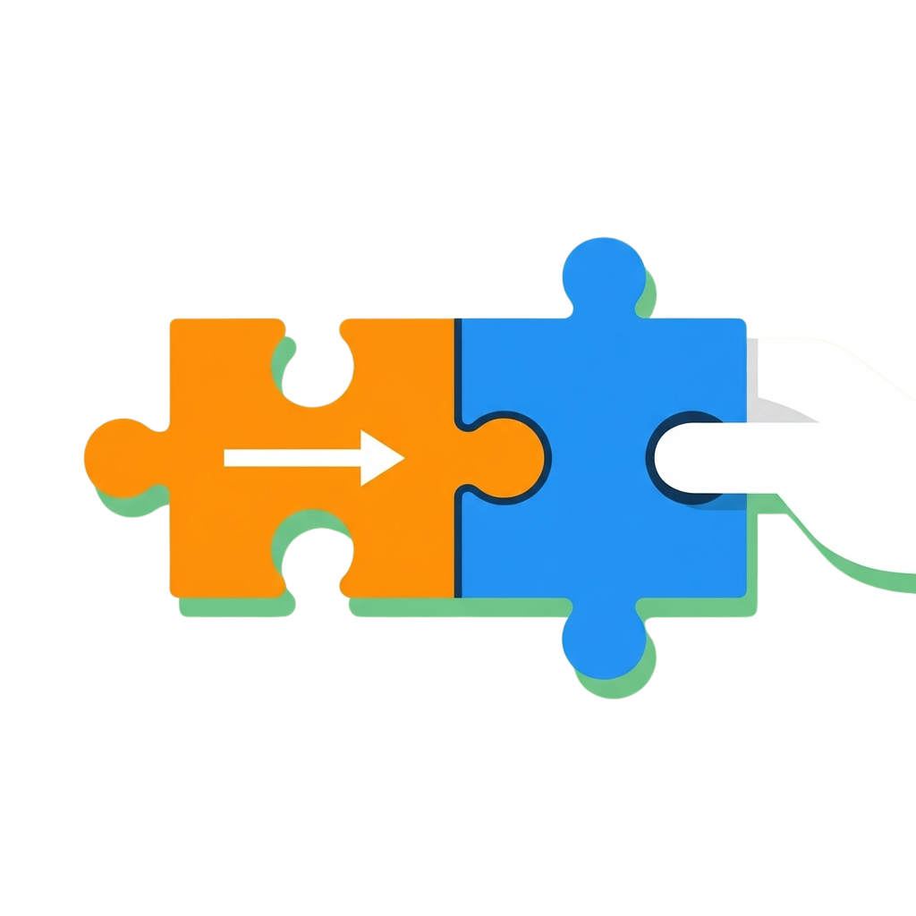 Two puzzle pieces being joined by a hand, one orange and one blue.