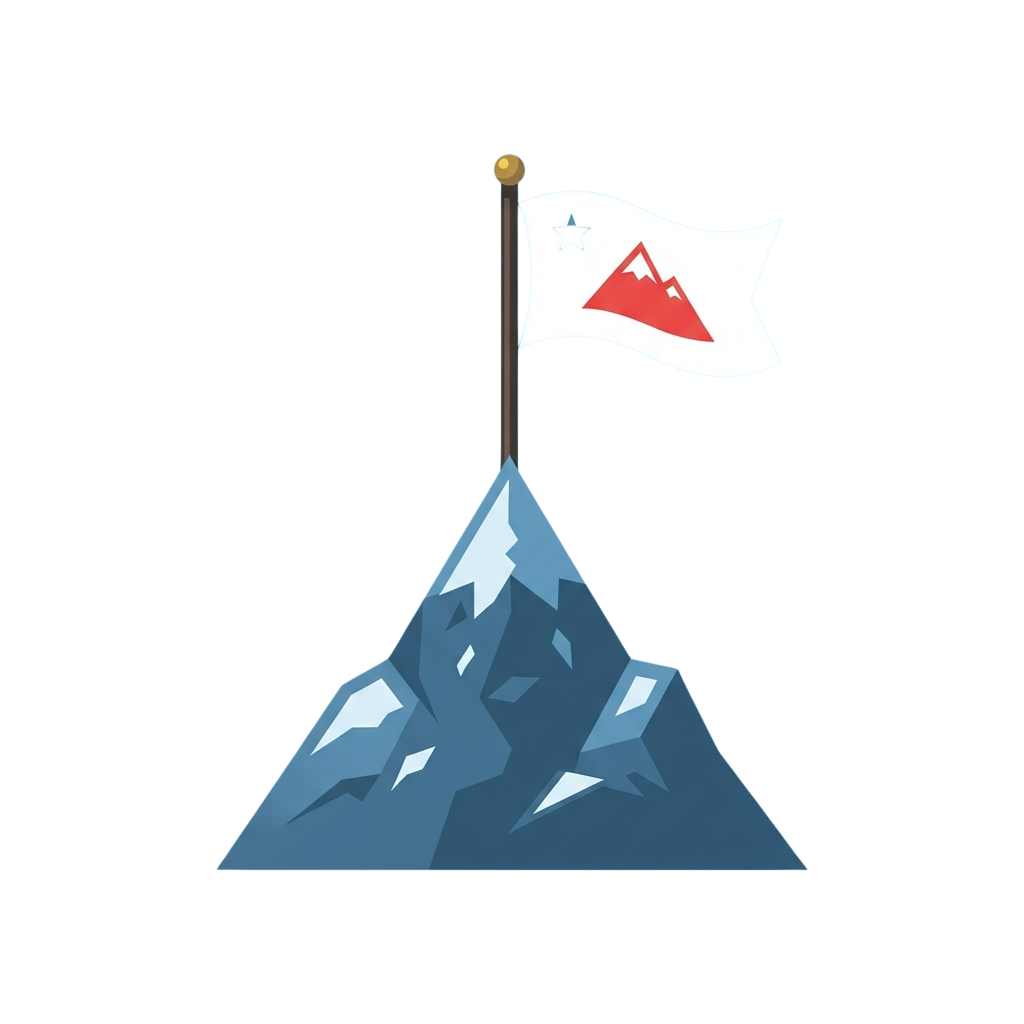 A flag with a star and mountain emblem waving atop a snowy mountain peak