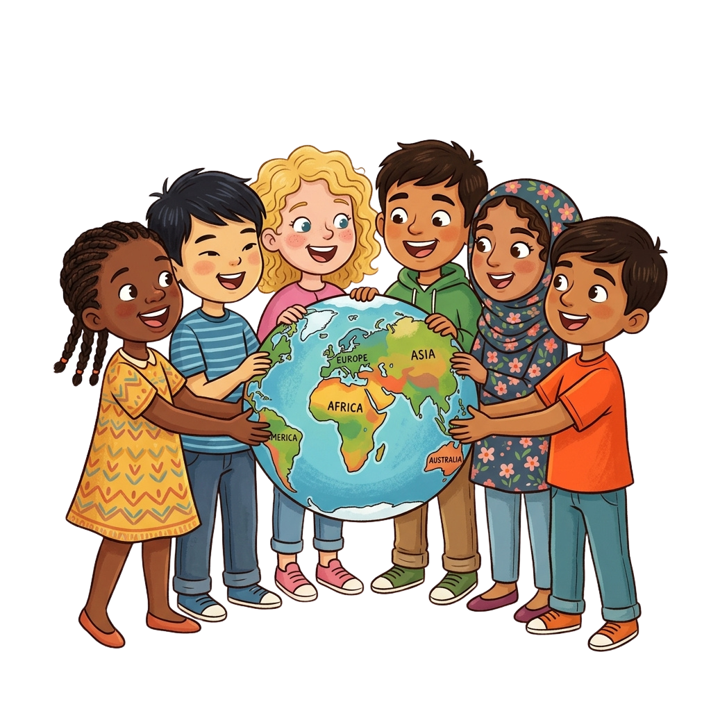 Six smiling children from different backgrounds holding a globe together, representing unity and global connection.