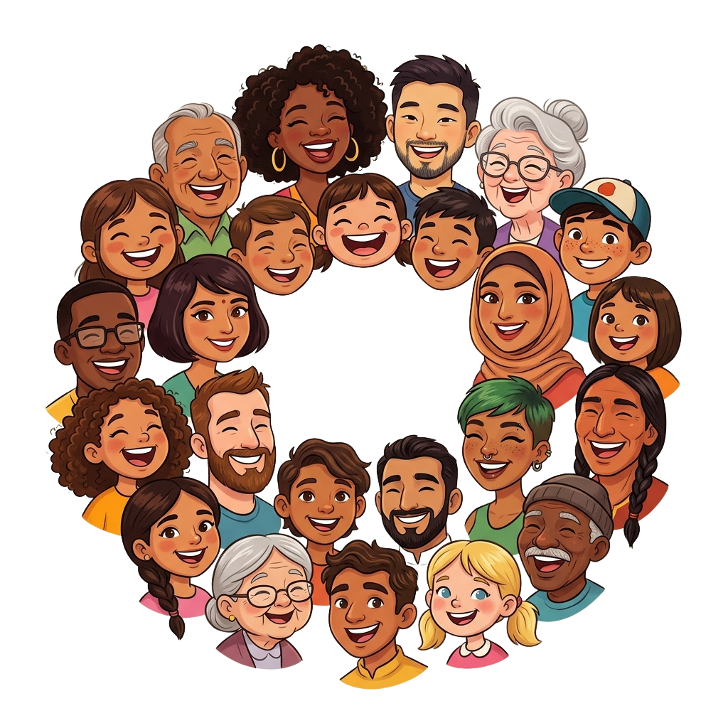 Illustration of a cheerful, diverse group of people smiling and hugging in unity